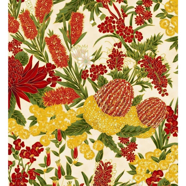 C27  - stof  Under the Australian Sun- Floral red Ivory metallic