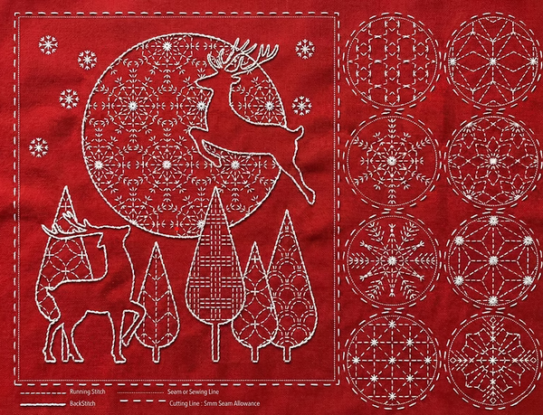 Panel Sashiko Christmas red - Devenstone