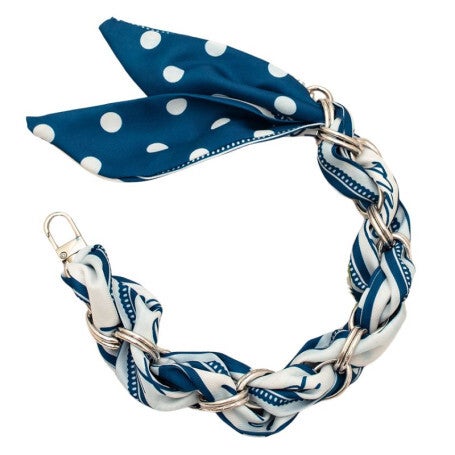 Collier de Coque de Téléphone avec Foulard en Soie Bleu, Fermoir Argenté - 34 CM
