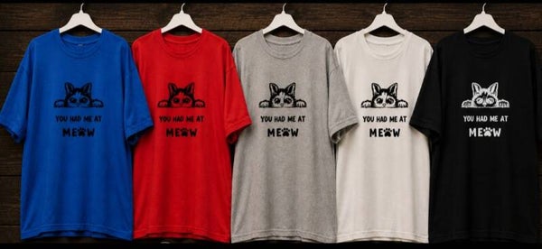 Screen printed MEOW Tee shirts