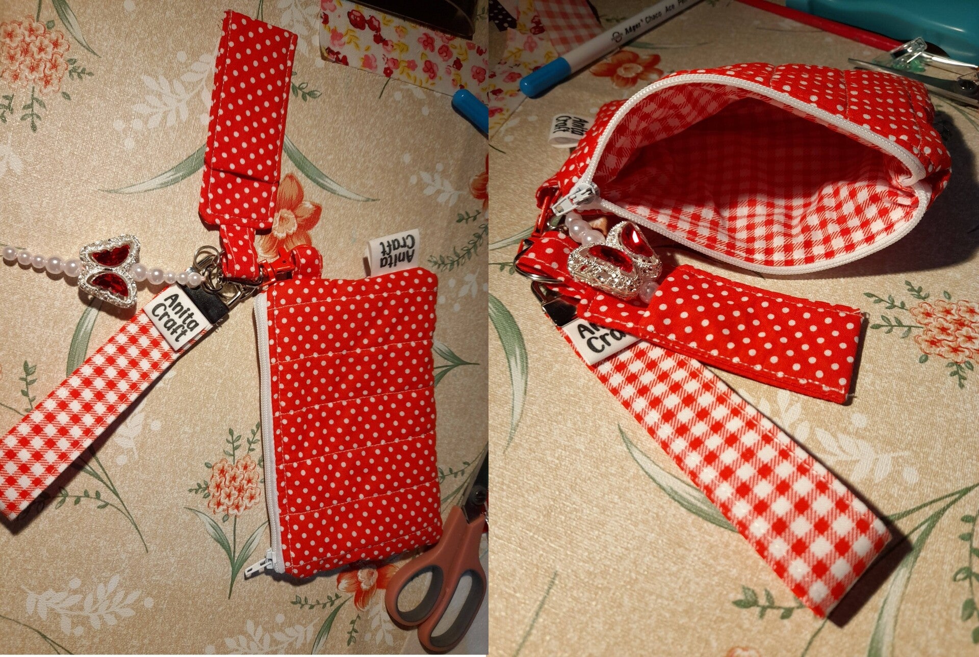 Mynt/kort mappe, leppopomade holder og nøkkel lenke.