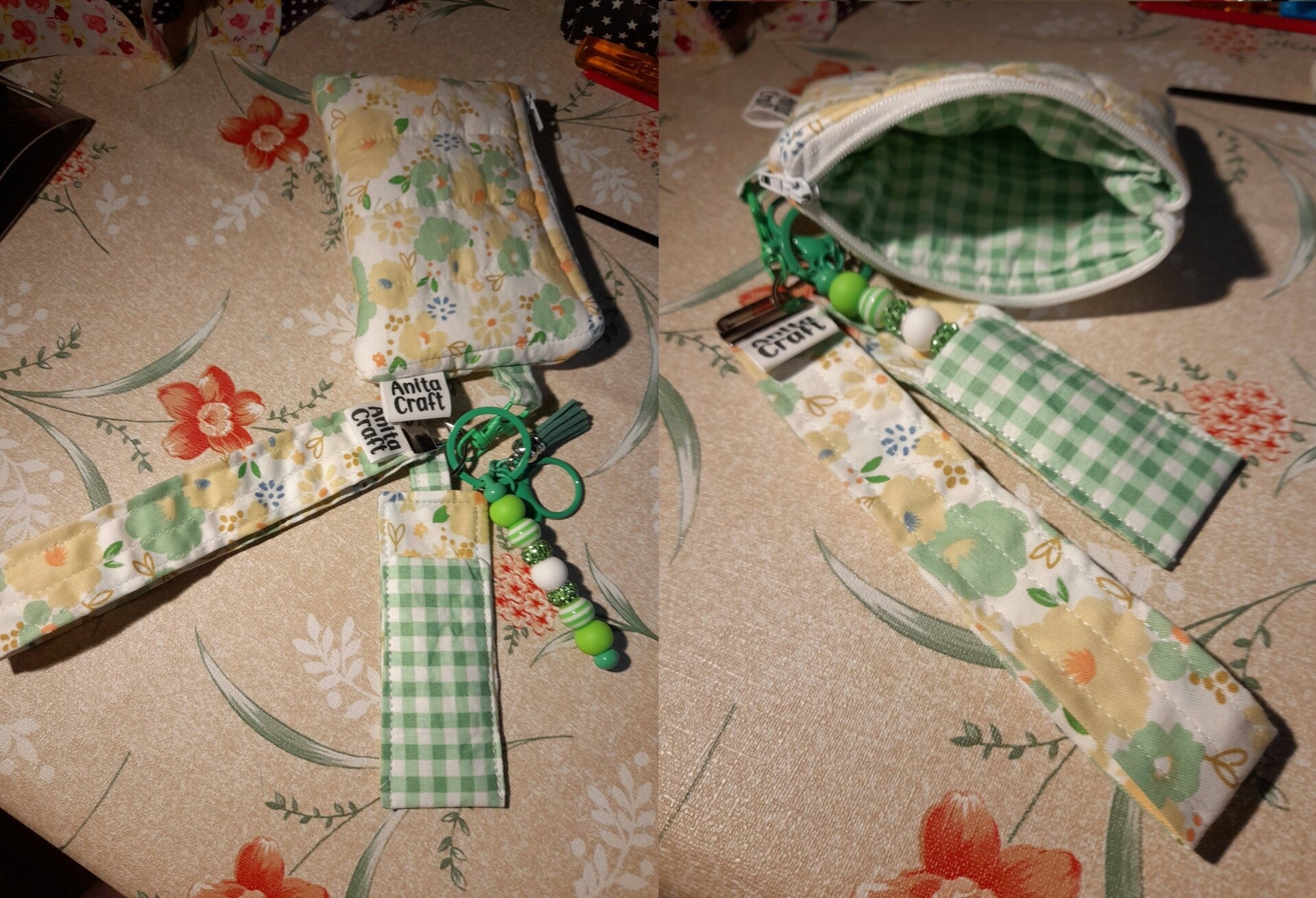 Mynt/kort mappe, leppopomade holder og nøkkel lenke.