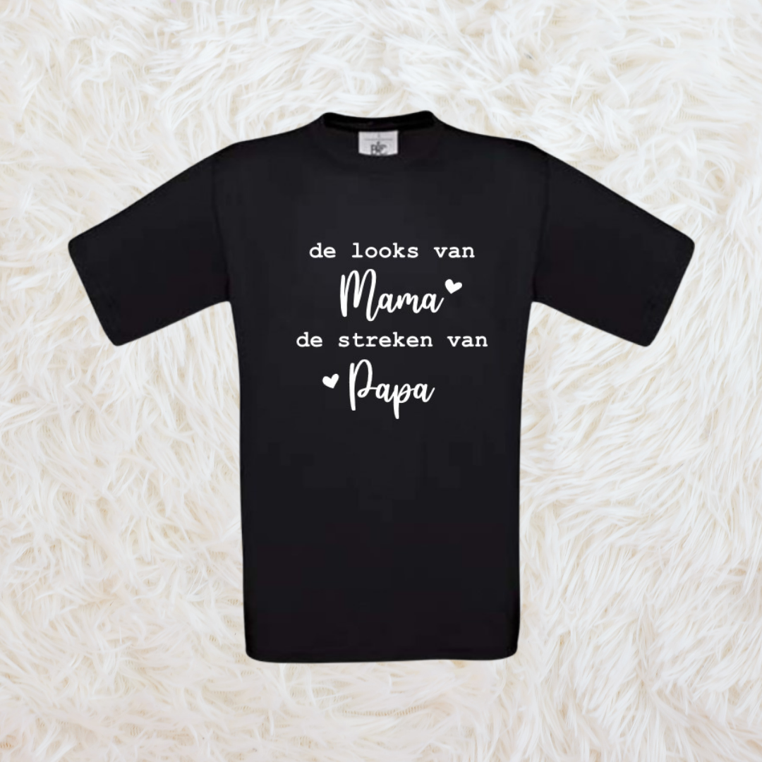 T-shirt peuter "de looks van mama, de streken van papa"