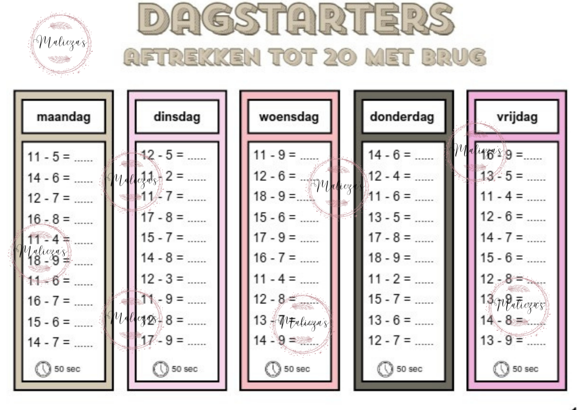 Dagstarters aftrekken tot 20 met brug