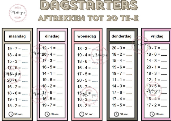 Dagstarters aftrekken tot 20 TE - E, TE - T, TE - TE