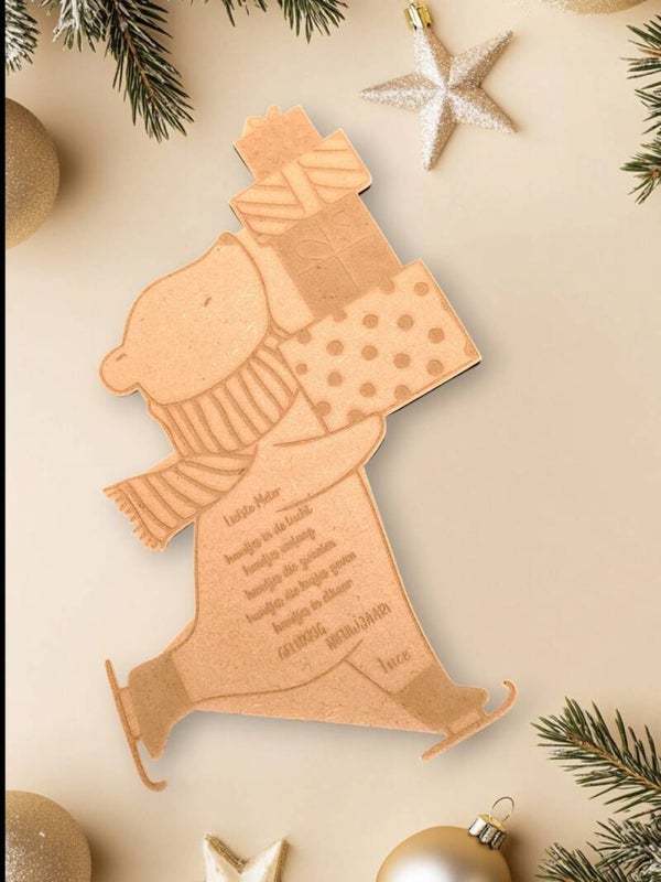 Houten nieuwjaarsbrief beer met eigen tekst