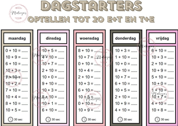 Dagstarters optellen tot 20: T+E, E+T en gemengd