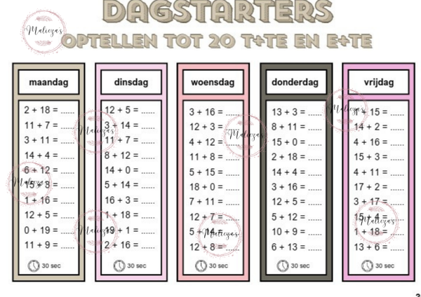 Dagstarters optellen tot 20 TE + E en E + TE en gemengd