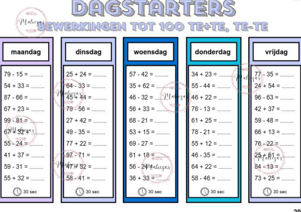 Dagstarters bewerkingen tot 100 TE+TE, TE-TE