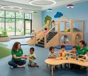 Colorful rubber playground surface providing a safe play area for daycare children
