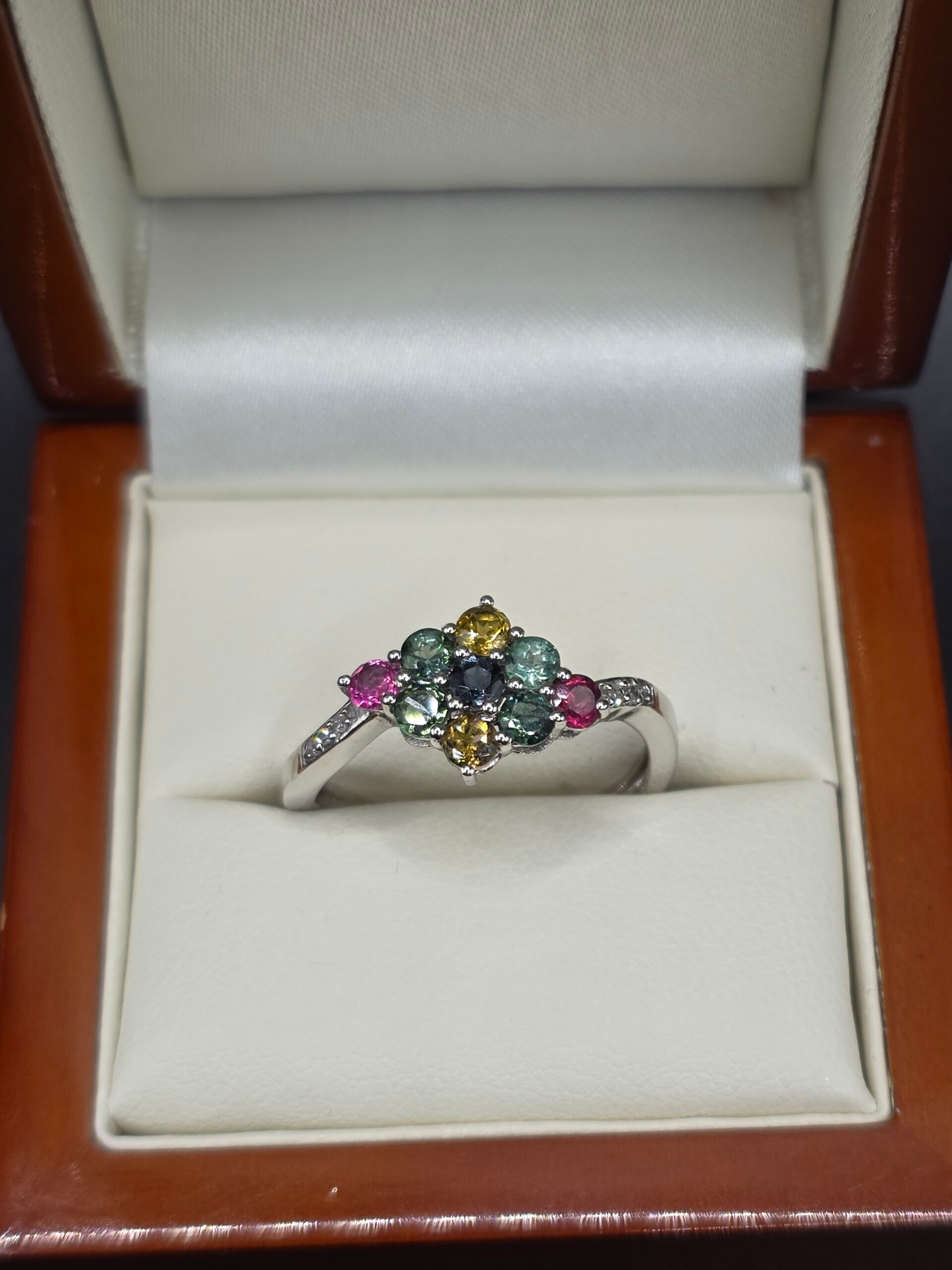 Beautiful 9ct White Gold Multi-coloured Tourmaline and Diamond Cluster Ring. Size R toR1/2