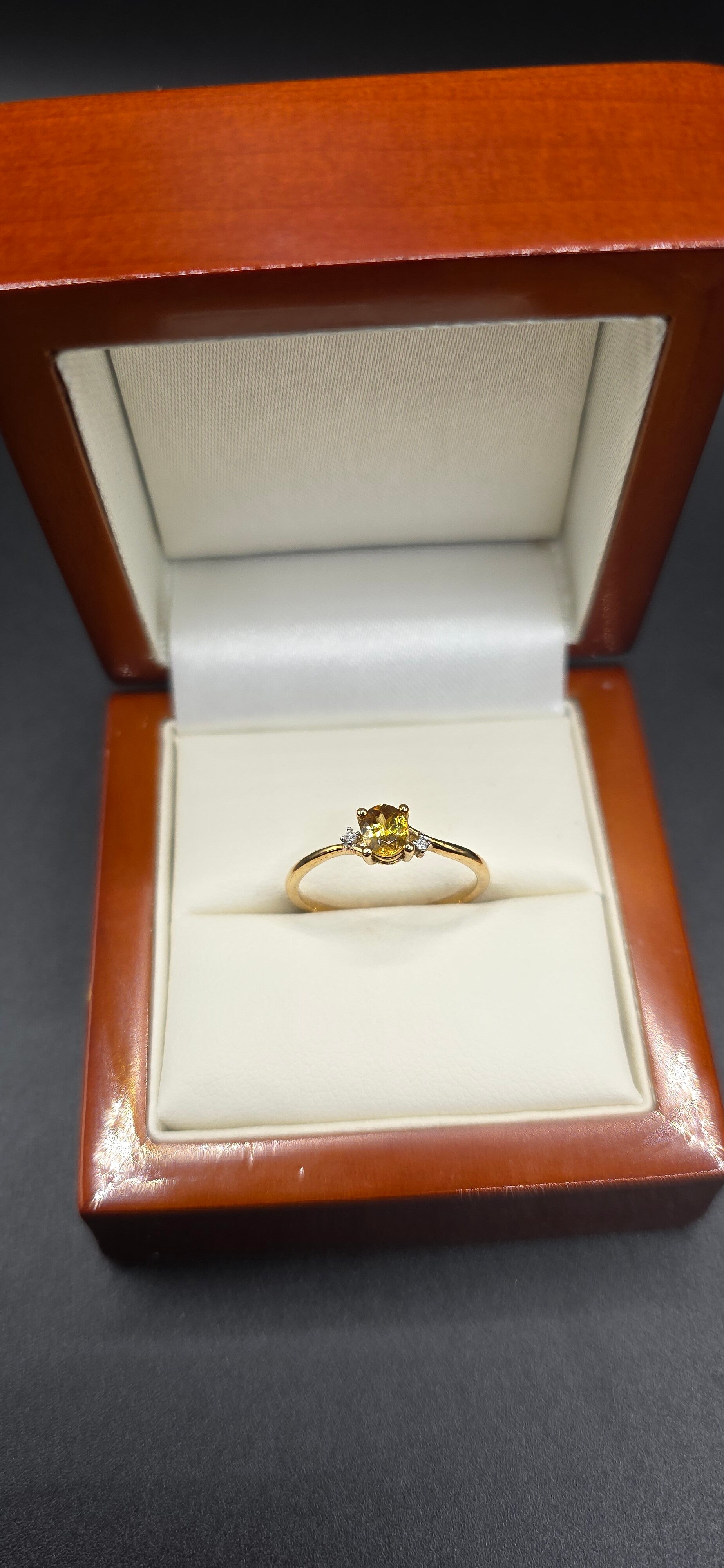 Beautiful 9ct Rose Gold Canary Yellow Tourmaline and Diamond Ring. Size L