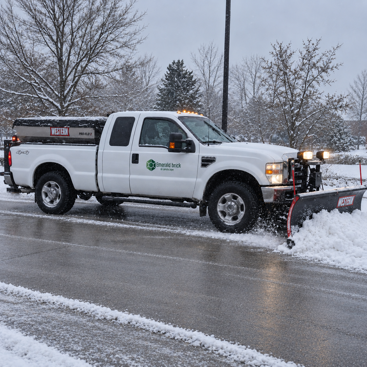 Emerald Brick truck with a red Western snowplow and salt spreader.