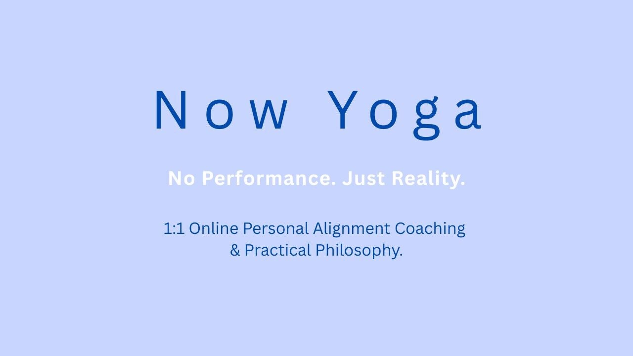 Graphic text banner for Now Yoga's homepage with a textured light blue background, displaying the brand's core message of private online alignment coaching and practical philosophy.