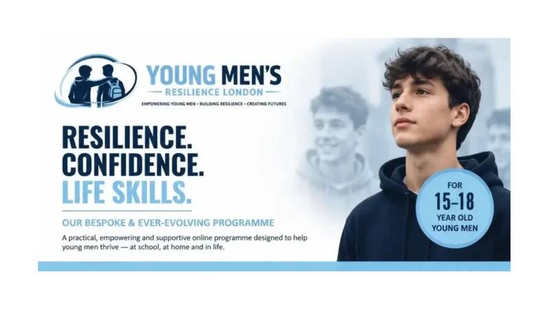 Young Men’s Resilience London flyer featured on NOW Yoga blog post promoting wellbeing programmes for teenage boys aged 15–18, focusing on confidence, calmness, clarity, and emotional resilience through mindfulness and personal development.