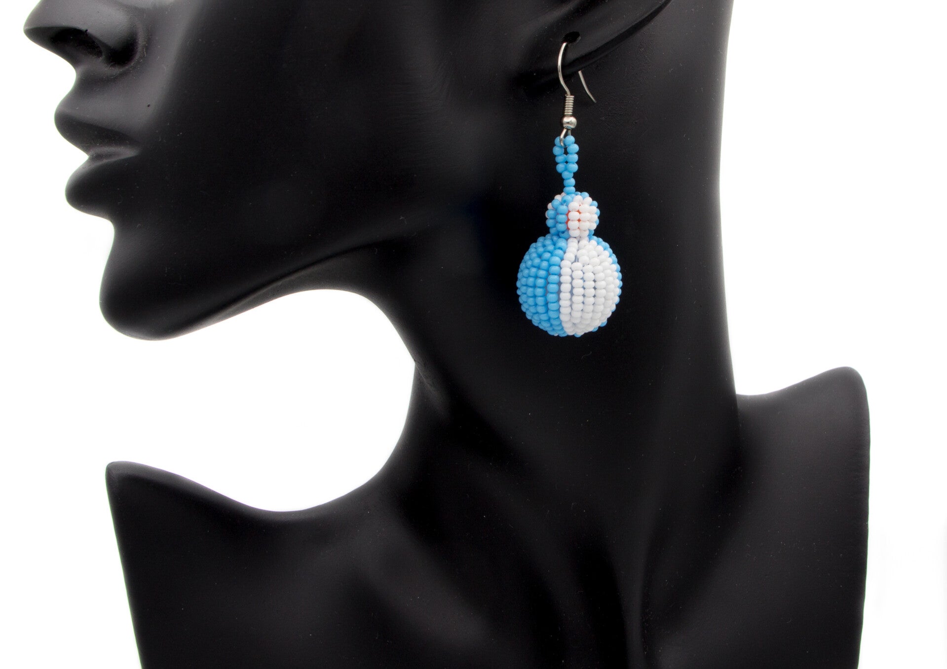 BillionHers Beaded Xhosa Dangly Ball Earrings. (Blue and White Earrings)