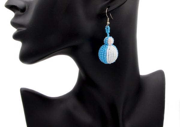 BillionHers Beaded Xhosa Dangly Ball Earrings. (Blue and White Earrings)