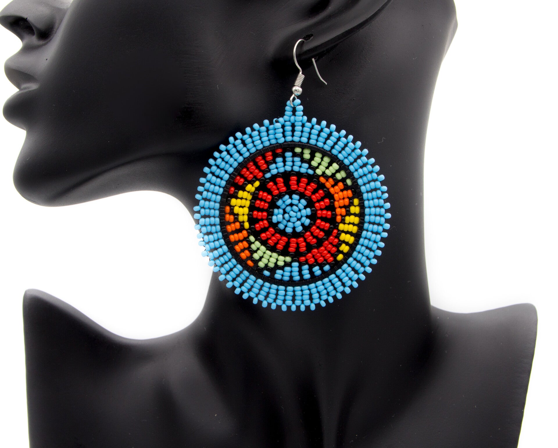 BillionHers Beaded Ethnic Dangly Circle Earrings. (Blue)