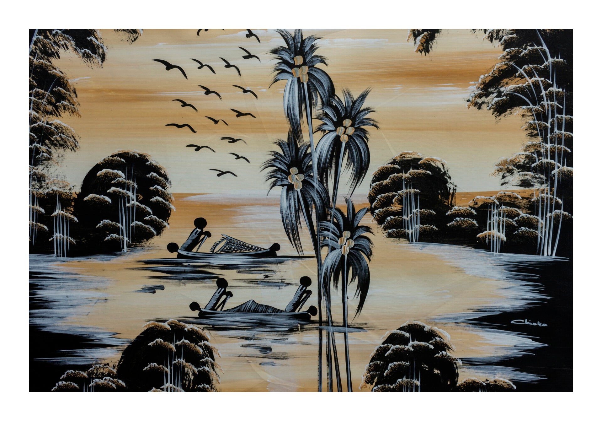 BillionHers African Wall Art – Hand-Painted Abstract African Fishermen, Acrylic Canvas 70x50cm, Sunset