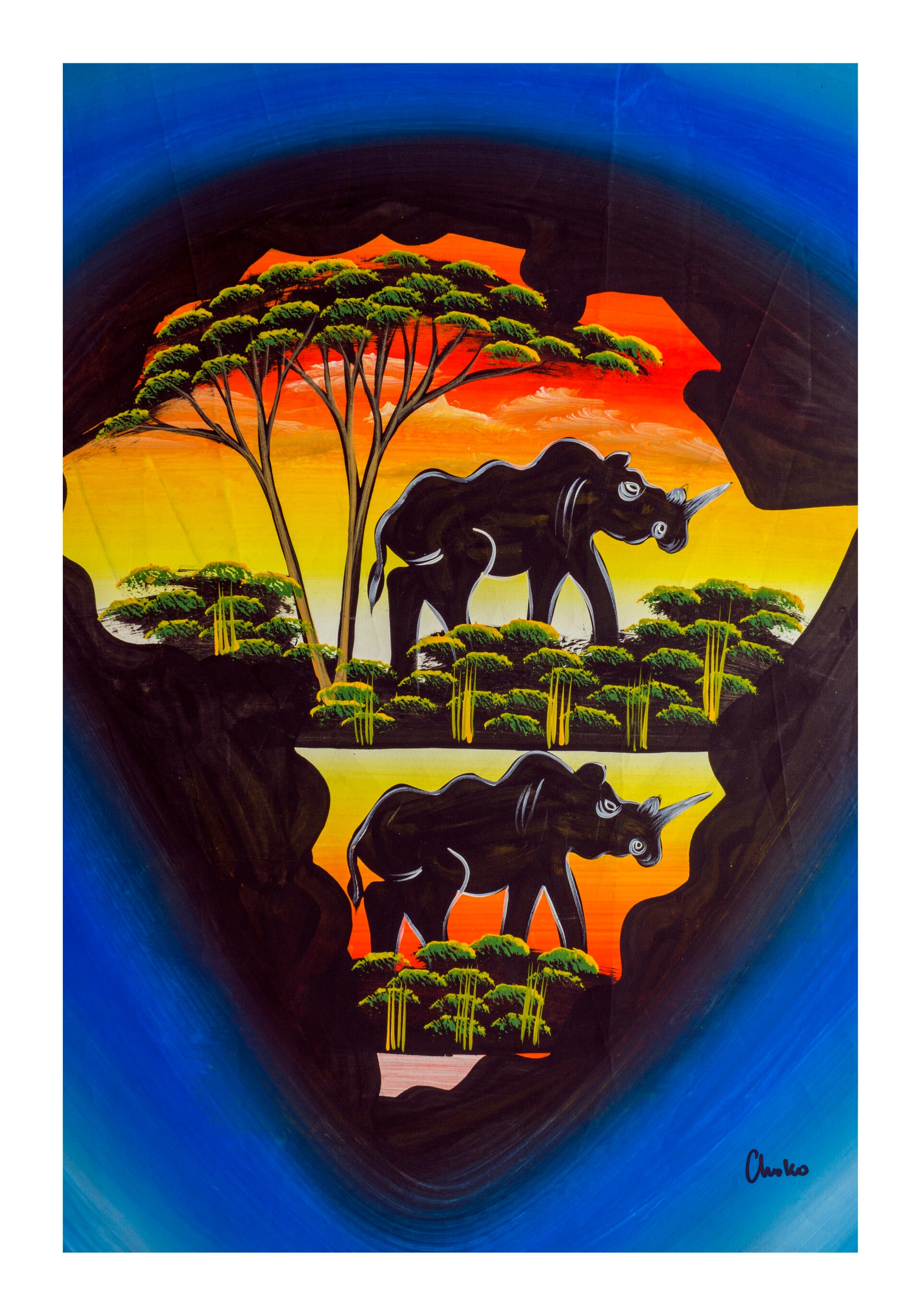 BillionHers African Wall Art – Hand-Painted Abstract Africa Map with Rhinos 2, Acrylic Canvas 70x50cm, Dark Blue