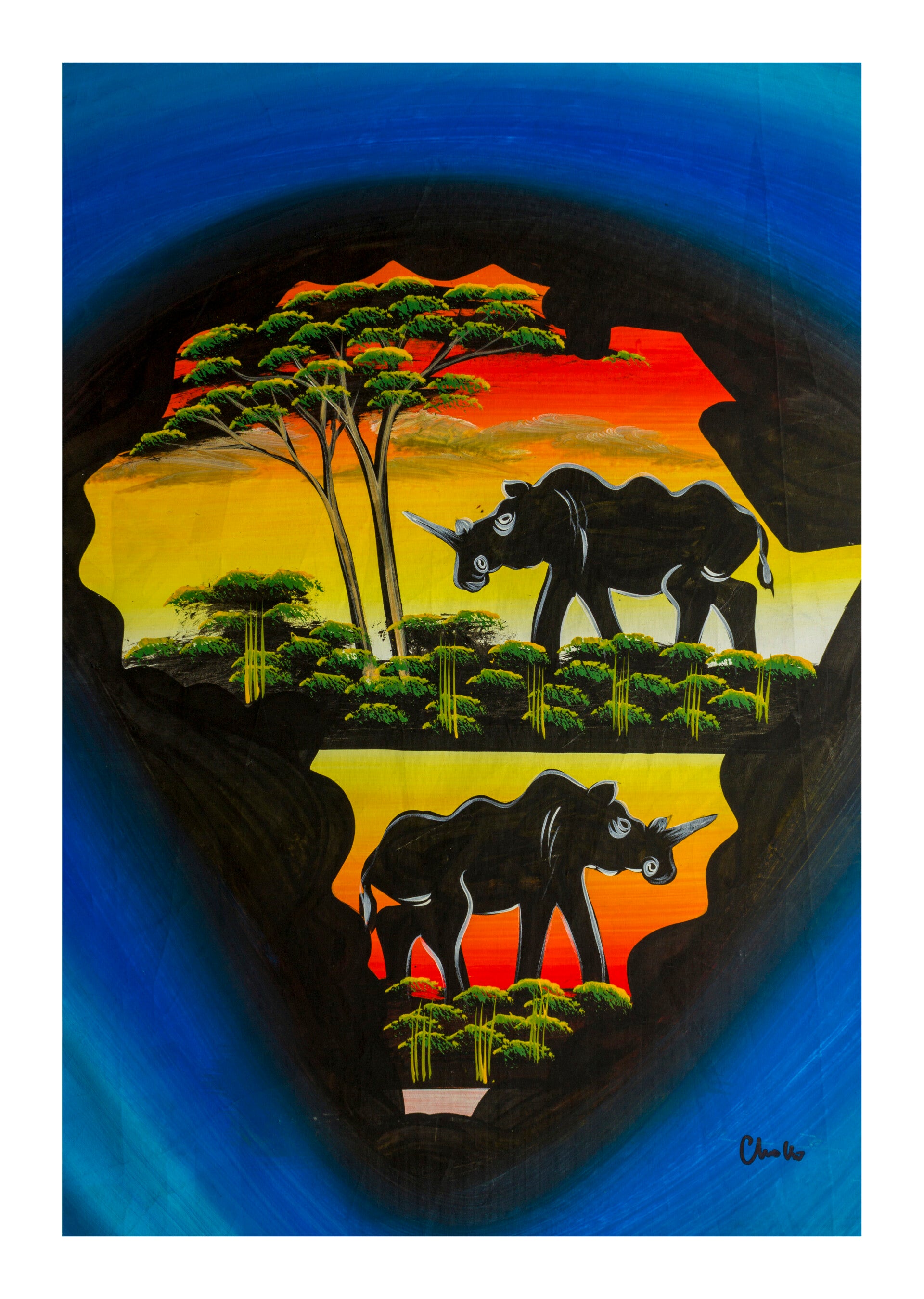 BillionHers African Wall Art – Hand-Painted Abstract Africa Map with Rhinos 1, Acrylic Canvas 70x50cm, Dark Blue