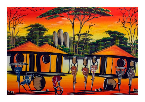BillionHers African Wall Art – Hand-Painted Abstract African Village Life, Acrylic Canvas 70x50cm,