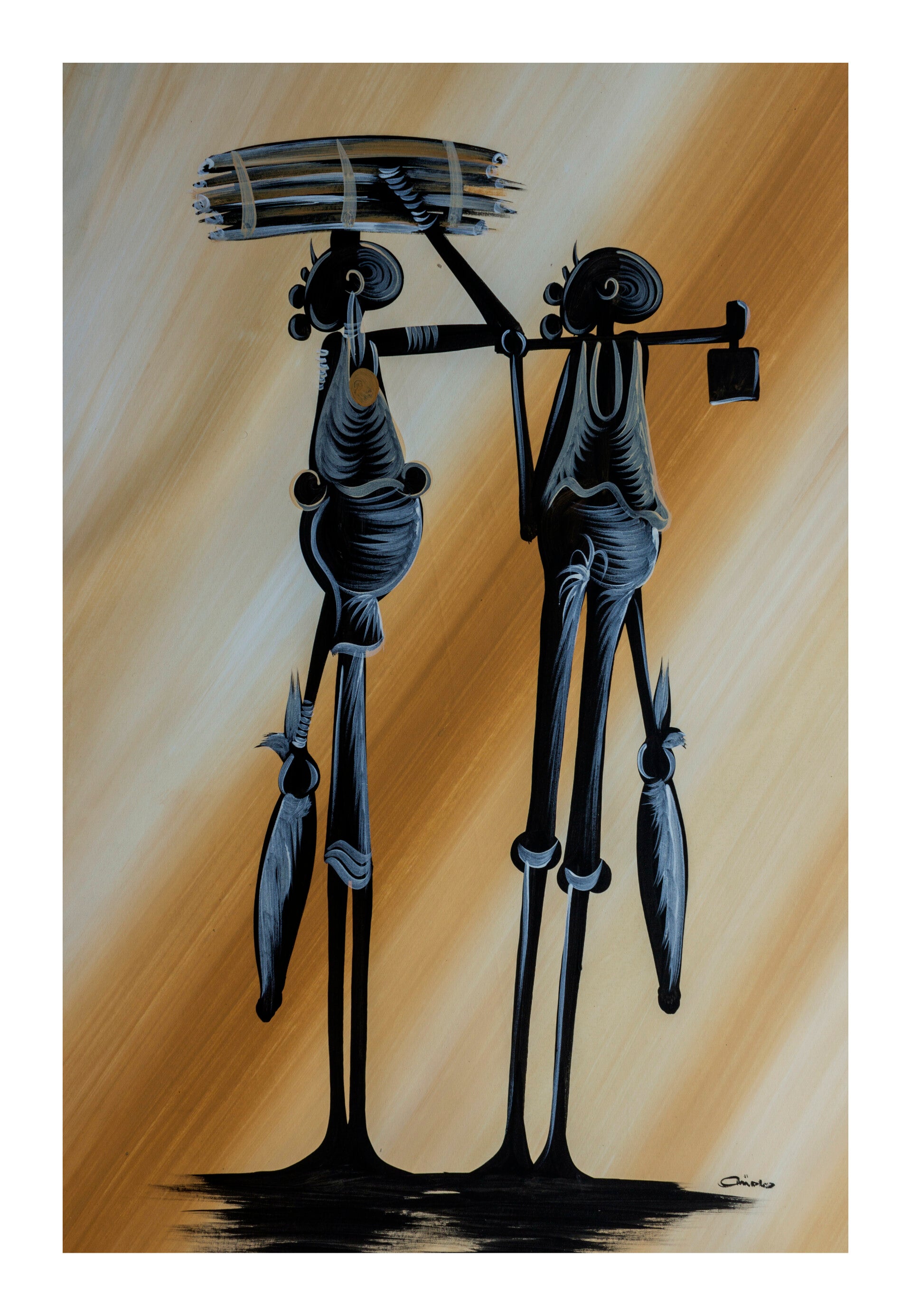 BillionHers African Wall Art – Hand-Painted Abstract Village Family 1, Acrylic Canvas 70x50cm