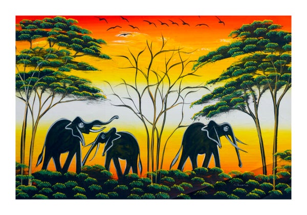 BillionHers African Wall Art – Hand-Painted Abstract Elephants, Acrylic Canvas 70x50cm, Sunset