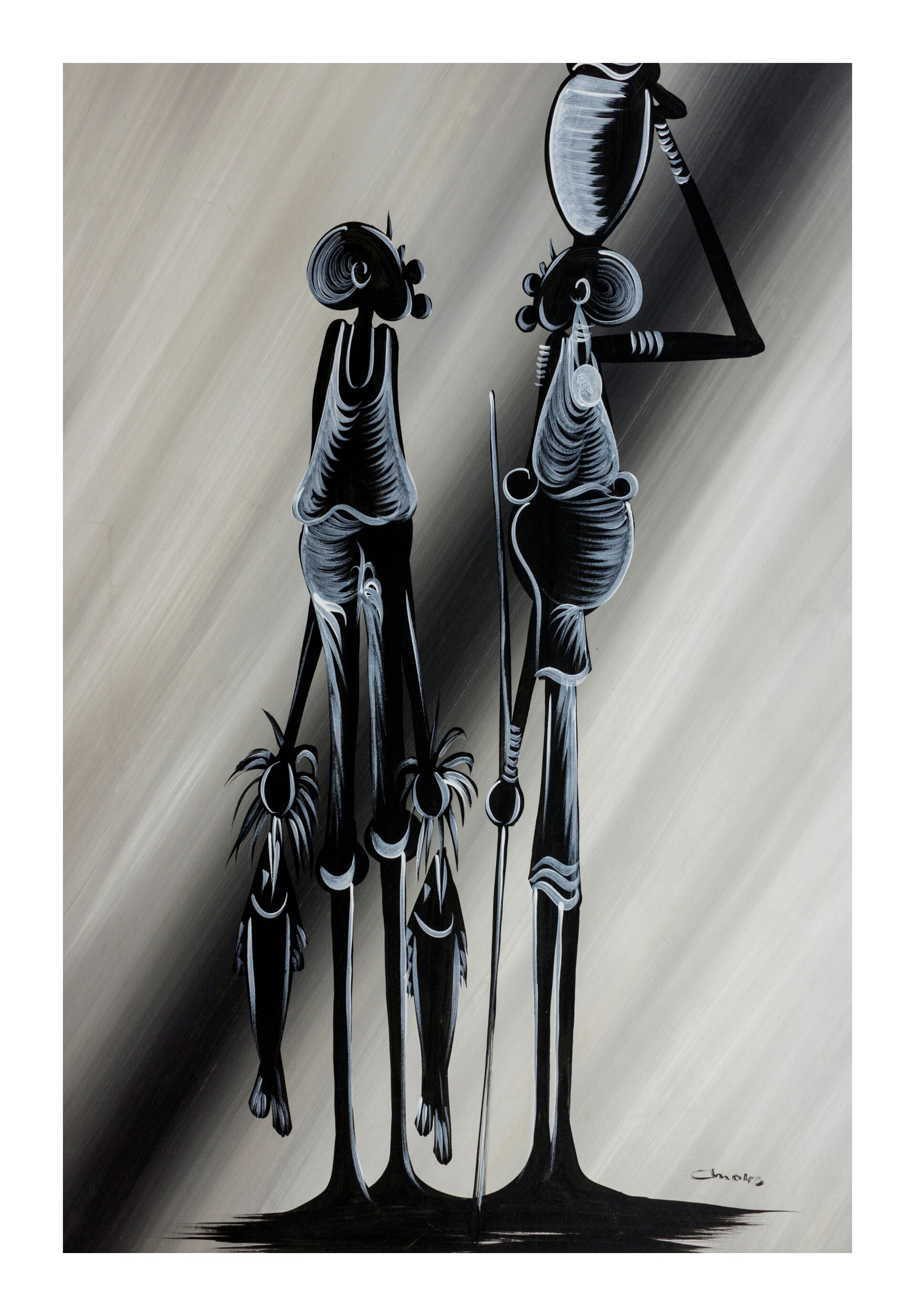 BillionHers African Wall Art – Hand-Painted Abstract African Village Family, Acrylic Canvas 70x50cm, Black/Grey