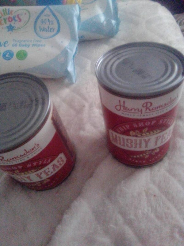Two tins if harry ramsdens mushy peas
