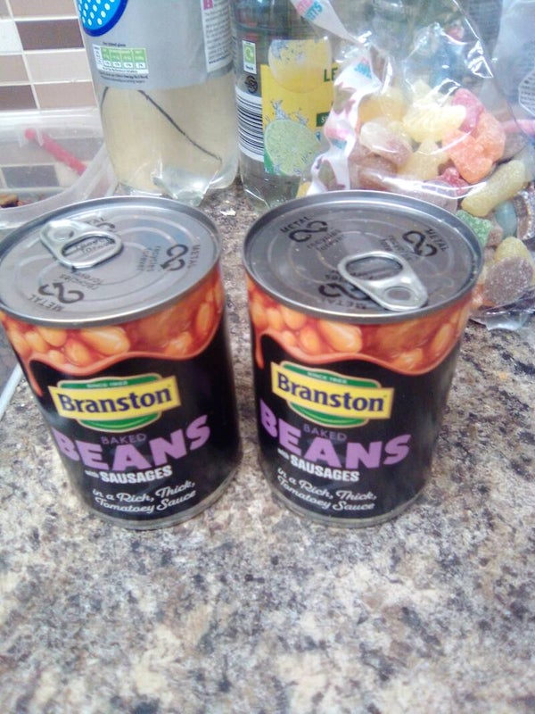 Two tins if branston beans with sausages