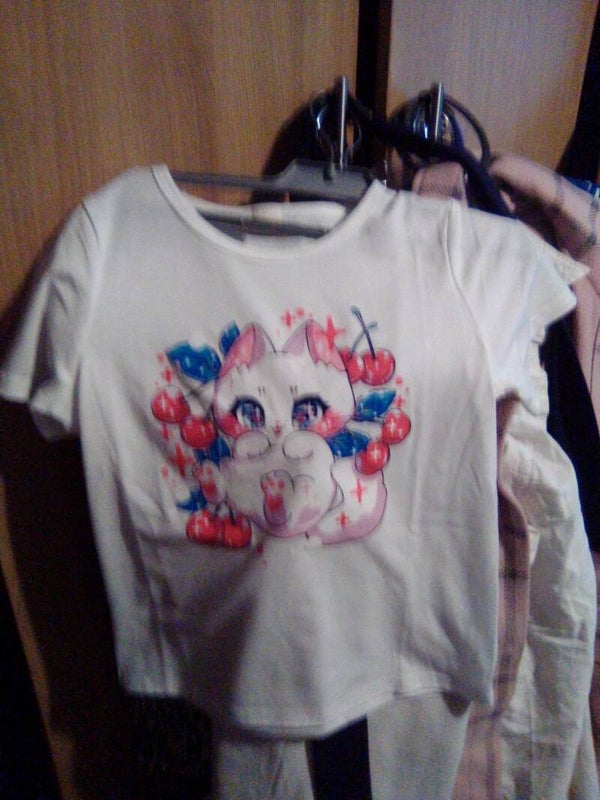 Girls 7/8 yr old white pink red blue t-shirt new in packaging with cat n cherries on
