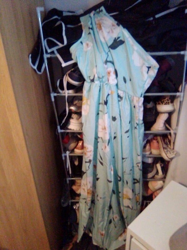 Light green  floral long dress one strap n bit off shoulder