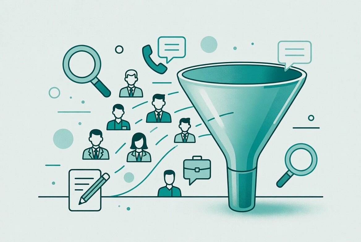 Modern vector illustration of B2B lead generation process showing a sales funnel with business professionals, magnifying glass, phone, and document icons. Represents high-quality lead generation services in Buffalo NY and Western New York using Apollo.io.