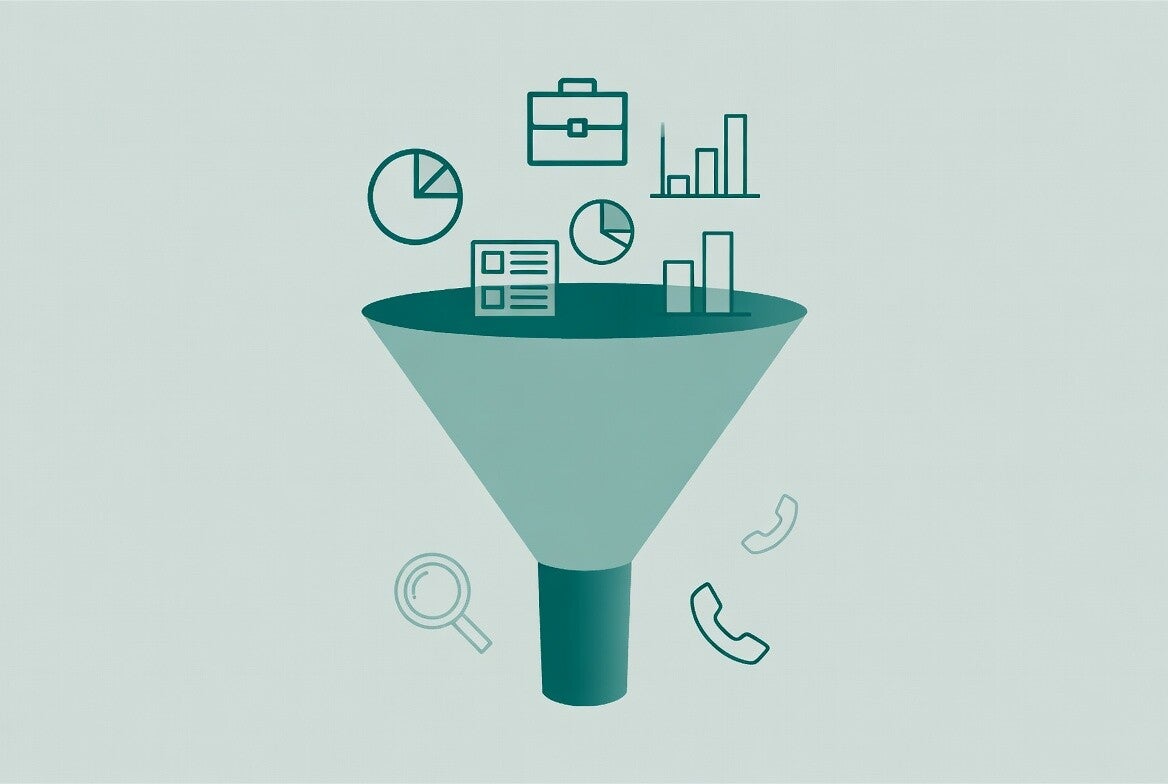 Minimalist illustration for Basic B2B lead generation package by Noor Digital Consulting. Simple sales funnel with business professional icons and magnifying glass on soft light mint green background, representing entry-level targeted lead generation serv