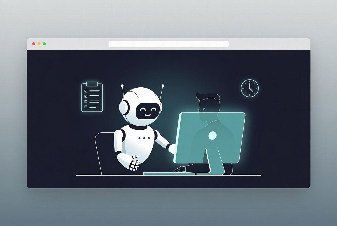 Noor Digital WNY illustration for Basic RPA Package. A friendly white robot helping a solo business owner at a desk with simple automation tasks like data transfer and form filling, representing the Quick Start Automation package.