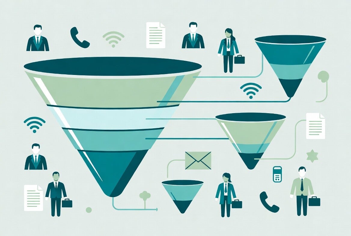 Premium minimalist vector illustration for Business B2B lead generation package by Noor Digital Consulting. Larger stylish multi-layer sales funnel with multiple business people icons, connection lines, document and phone icons on soft light mint green ba