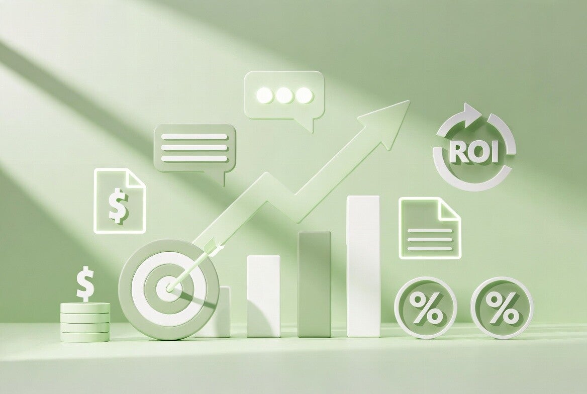 Abstract business growth visualization for Google Ads Scale package featuring rising arrows, bar charts, target icon, ROI symbols and money growth elements on a clean light green background