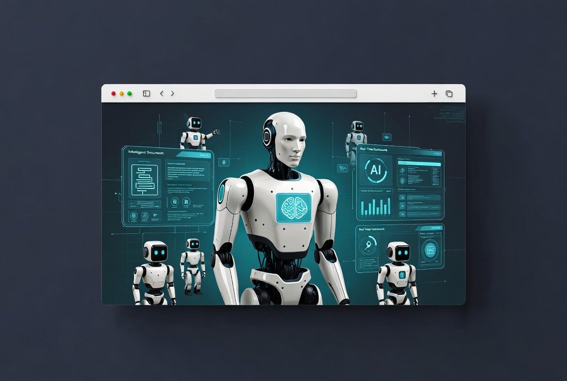 Noor Digital WNY Business RPA Package illustration featuring an advanced AI robot with glowing brain and multiple smaller robots handling intelligent automation tasks.