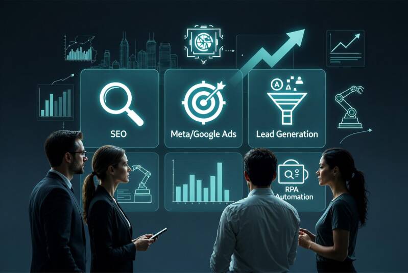 Noor Digital Consulting team with SEO, Google & Meta Ads, qualified lead generation, and Robotic Process Automation (RPA) dashboard in Western New York