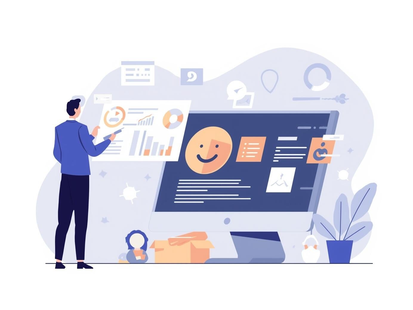 Meta Ads basic plan illustration for campaign setup, audience targeting, tracking, and performance reporting