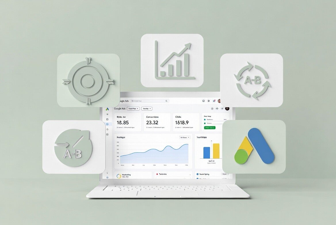 Google Ads Growth package illustration showing advanced dashboard with ROAS, conversions, and marketing icons on clean light green background