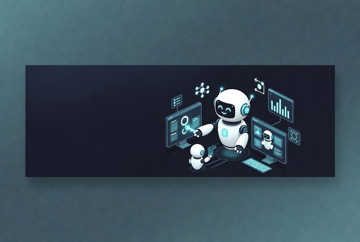 Noor Digital WNY illustration for Professional RPA Package - Growth Automation. A friendly main white robot in the center with two smaller robots working together on interconnected automation tasks across multiple computer screens and workflows.