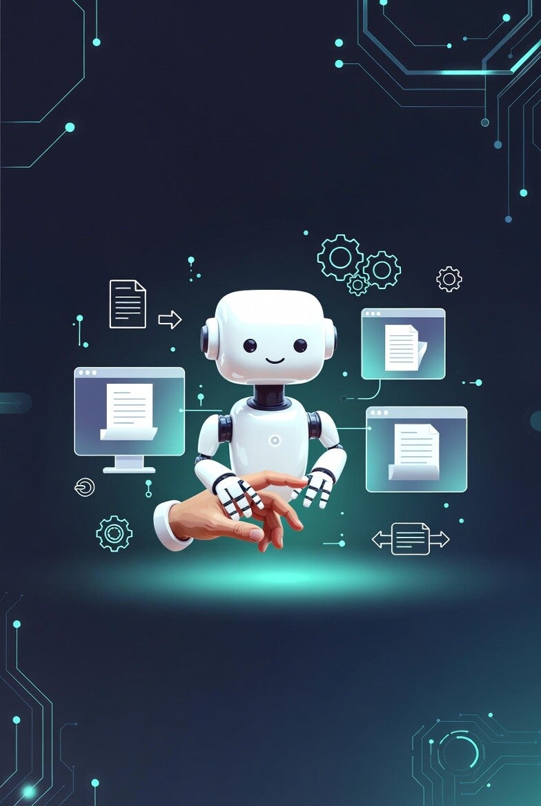 Friendly robot helping a human with RPA automation tasks by Noor Digital WNY. Illustrating Robotic Process Automation (RPA) with documents, screens, and workflow icons.
