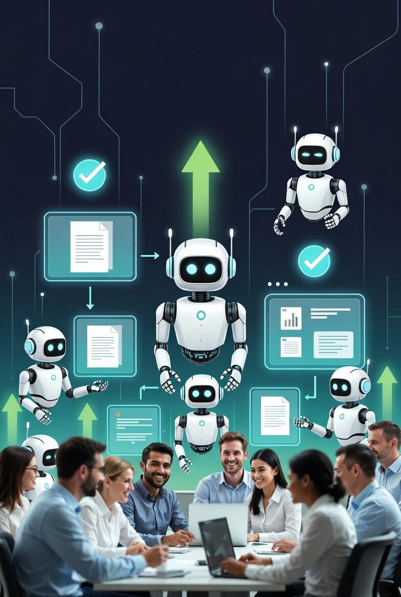 Noor Digital WNY illustration showing a happy business team working together while friendly white robots automate office tasks like document processing, data transfer, and reporting. The image represents the benefits of choosing Robotic Process Automation