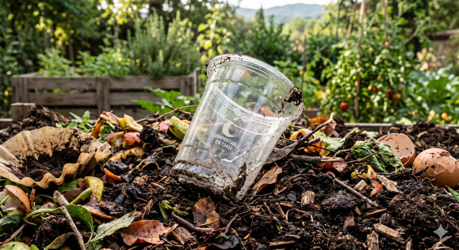 un verre en bioplastique dans un compost