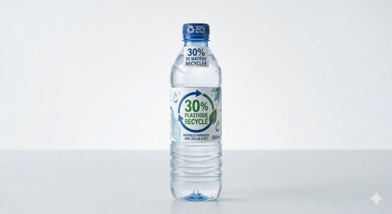 une bouteille d'eau comportant 30 % de plastique recyclé