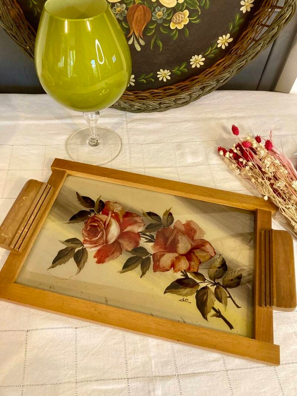 Plateau en bois peint sous-verre années 50
