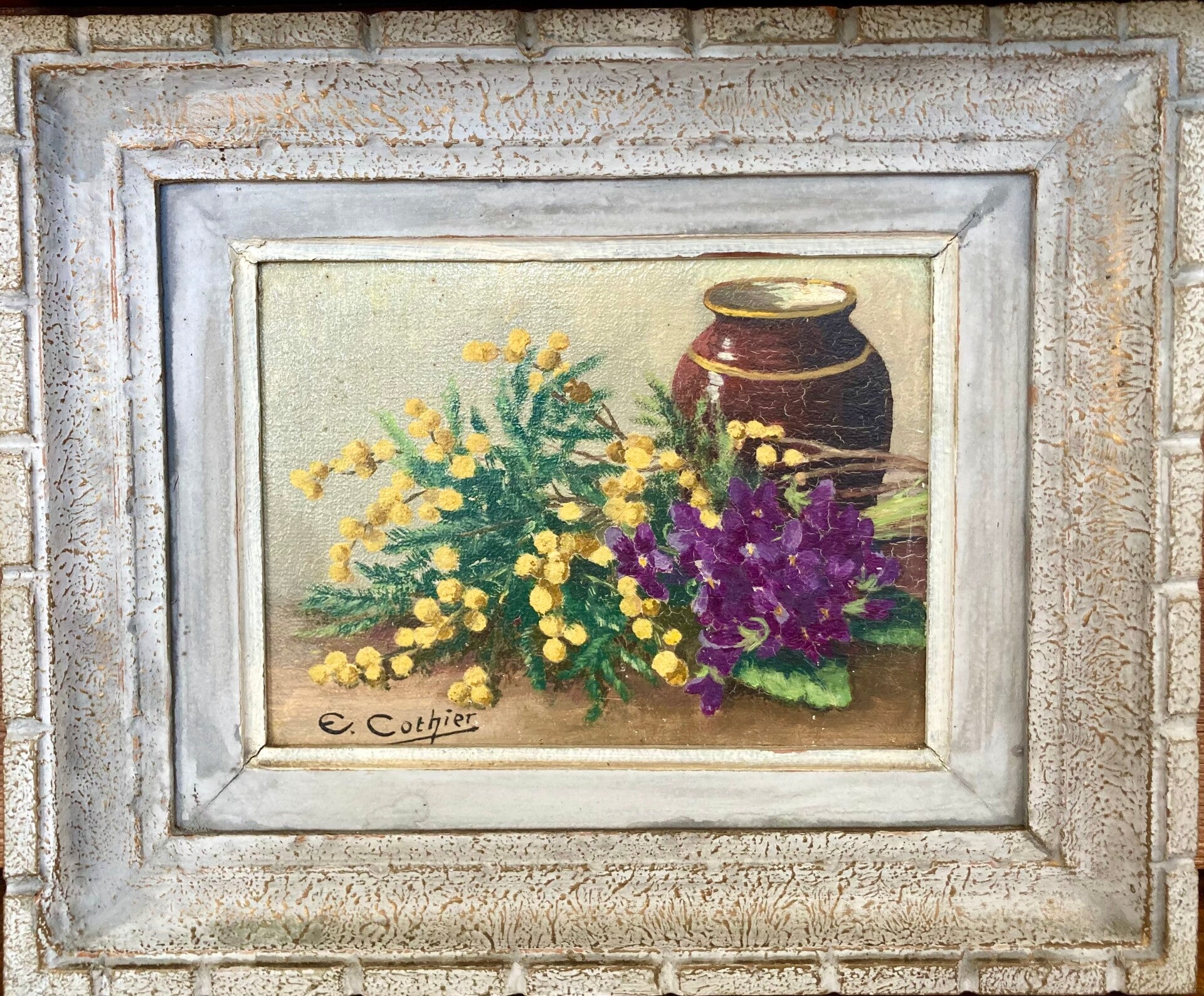 Huile sur panneau d'Emile Cothier "Violettes et Mimosa"