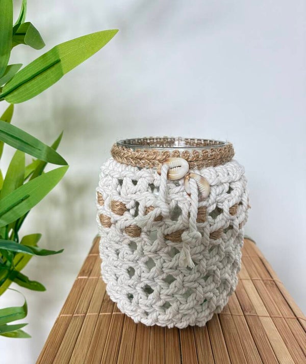Glazen potje schelp & jute